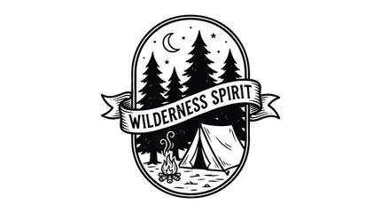 Fototapeta premium A black and white illustration of a wilderness scene with a tent, campfire, pine trees, and a crescent moon.