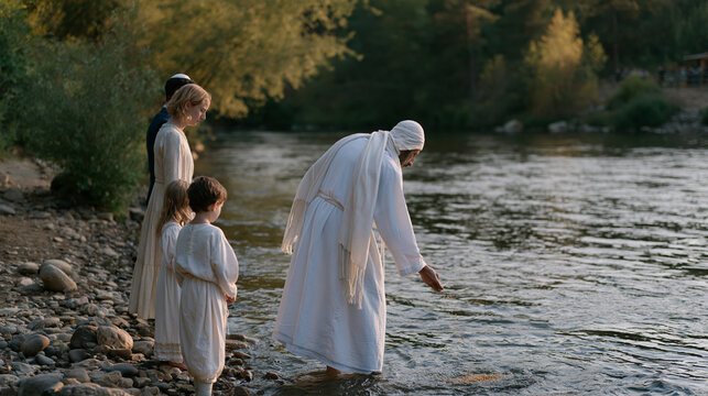 Rosh Hashanah tashlich ceremony at river's edge at dusk, family casting breadcrumbs onto flowing water symbolizing casting away sins, adults and children in holiday clothing, riverside trees beginni