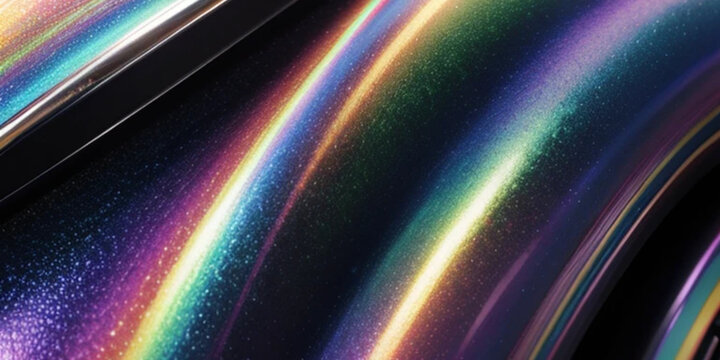 Holographic metallic texture with iridescent rainbow sheen, abstract liquid chrome background, shiny pearlescent foil surface for modern graphic design
