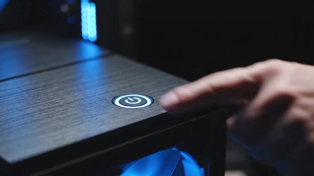 Close up of a finger pressing a glowing blue power button on a modern computer case.