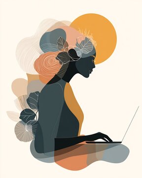 Abstract profile of woman working on laptop with layered organic shapes and botanical elements