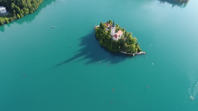 Aerial shot of scenic lake island