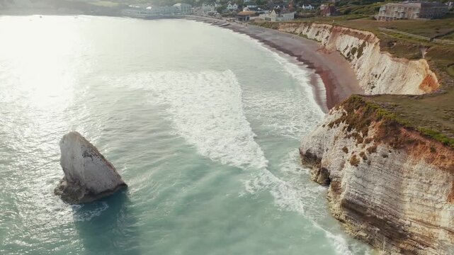Aerial view of chalk cliffs and sea stack at Freshwater Bay