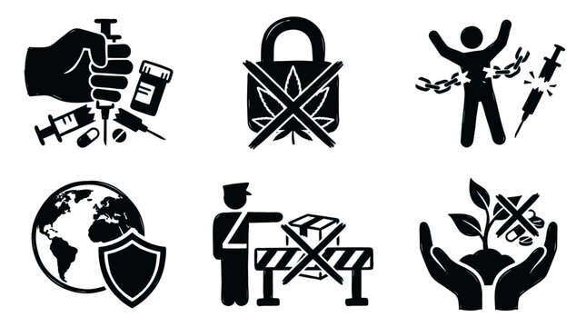 Black icon set for International Day against Drug Abuse and Illicit Trafficking vector featuring prevention, broken chains, border control, and global protection.