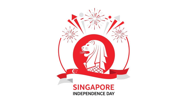 Singapore National Day Celebration Poster with Merlion Icon and Fireworks