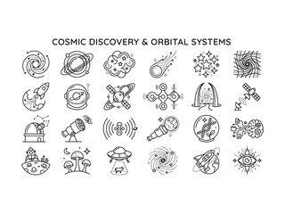 Collection of diverse line art icons representing cosmic discovery and orbital systems featuring planets rockets astronauts and celestial phenomena for graphic design applications © ABDULLAH