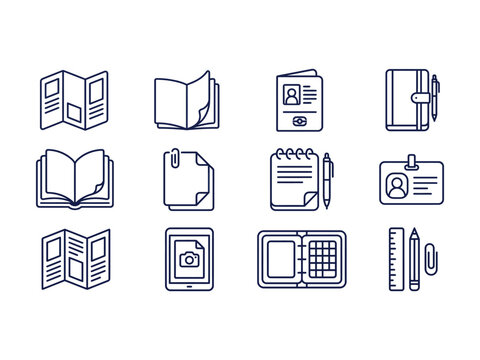 Collection of thin line icons representing office supplies and stationery objects used for organization and communication purposes