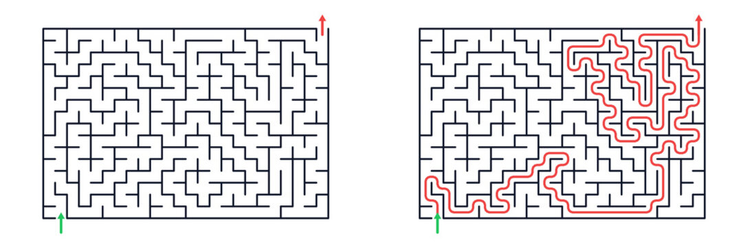 Maze puzzles with paths highlighted on white background  