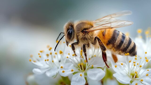 Close-up of a honey bee on an apricot blossom flower, macro photography.