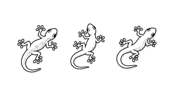 Three cartoon gecko lizards in various climbing poses.