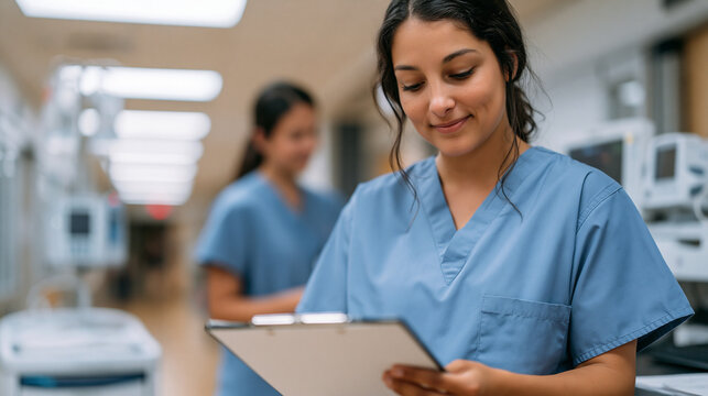 Emergency room nursing staff changing shift during back-to-routine September weekday morning, clipboard handoff at hospital environment nursing station, IV supply cart and monitoring equipment visib