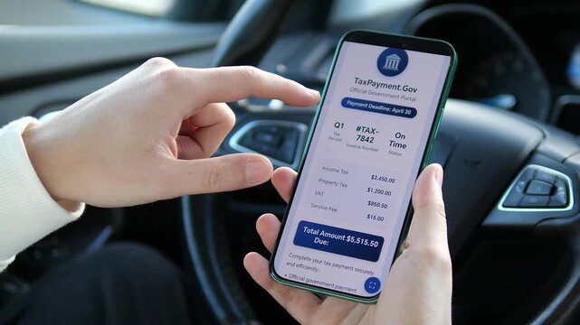 Reviewing a detailed tax breakdown on a smartphone. The interface lists income tax, property tax, VAT, and service fee totaling 5,515.50 dollars. Ideal for illustrating financial transparency, tax