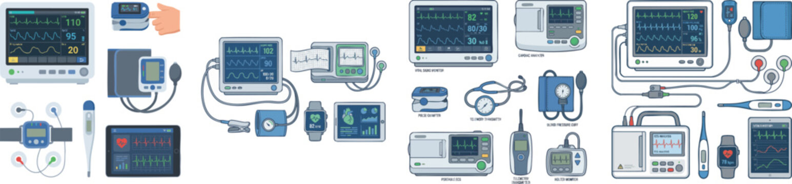 Assortment of medical monitoring devices illustrating vital sign tracking and cardiac analysis for clinical environment  vector set isolated on white