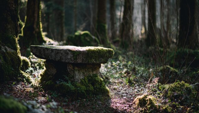 Sunlit ancient stone bench covered in moss within a tranquil, sun-dappled forest