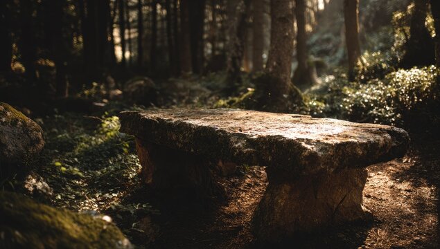 Ancient stone bench bathed in dappled sunlight within a dense forest