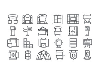 Collection of outline icons representing various exhibition booths display stands and signage elements for trade shows and events © Navid