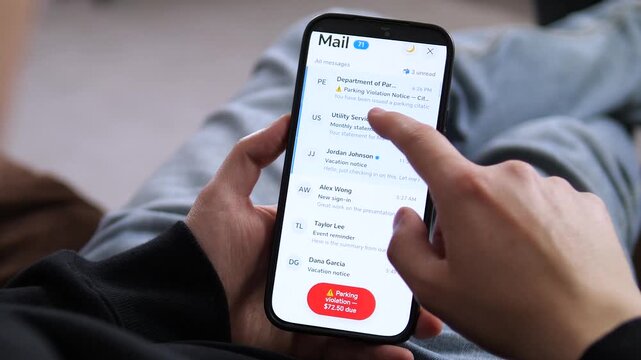 Scrolling through an email list featuring a parking violation alert. A red popup appears with a Parking violation 72.50 dollars due message. Ideal for illustrating civic alerts, fine notifications