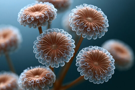 Mold spores grow in dark under microscope
