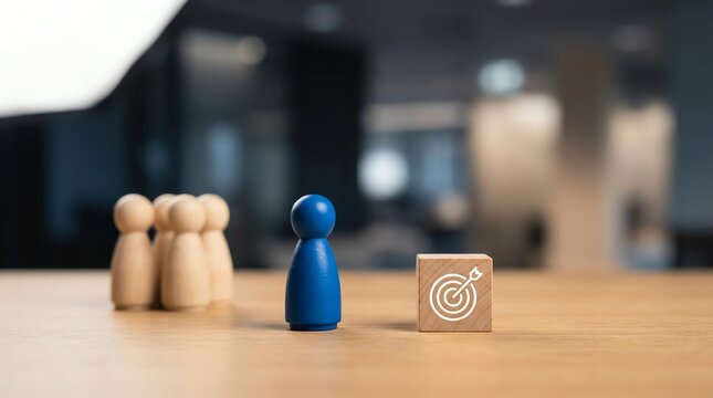 Blue leader figure guiding a team of wooden people towards a clear business target, symbolizing strategic goal setting, market focus, and effective leadership