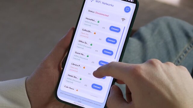 Browsing available WiFi networks on a smartphone. The screen displays a list of secured and open networks with signal strength indicators. Perfect for connectivity, internet access, and network