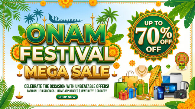 Onam Festival Mega Sale Banner with Shopping Offers and Kerala Cultural Elements for Retail Promotion