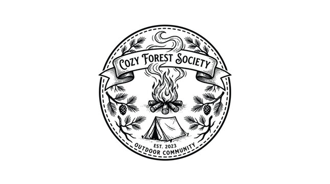 A circular emblem featuring a campfire with smoke rising, a tent below, and branches with leaves and berries surrounding it, all within a decorative border.
