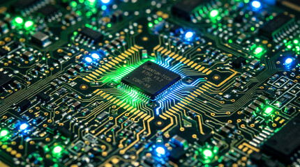 glowing quantum tech microchip on electronic circuit board with blue and green led lights macro © irenka