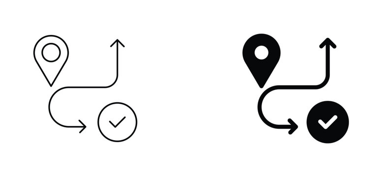 Minimalist route map icons with location pin and checkmark, navigation path vector set, logistics and delivery tracking symbols for mobile apps