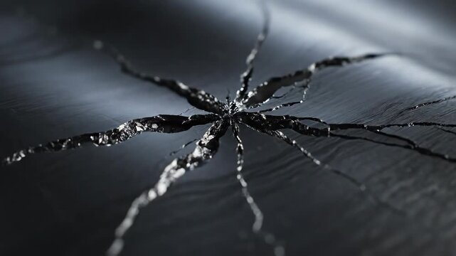 Dark metallic surface fracturing under pressure showing deep structural fissures and spreading spider web cracks