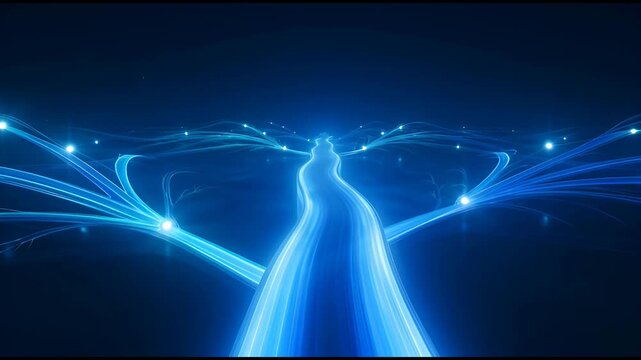 Glowing blue fiber optic network cables transmitting data through a dark virtual cyberspace environment landscape