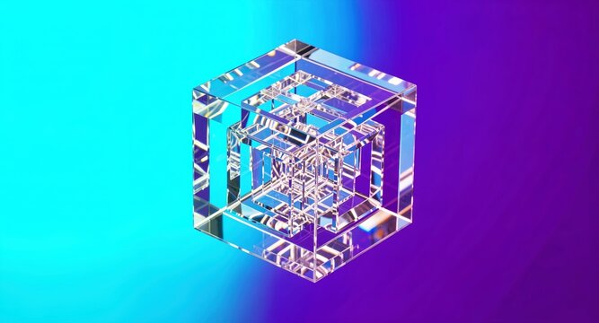 Intricate glass tesseract hypercube sculpture floating on a cyan and purple gradient.

