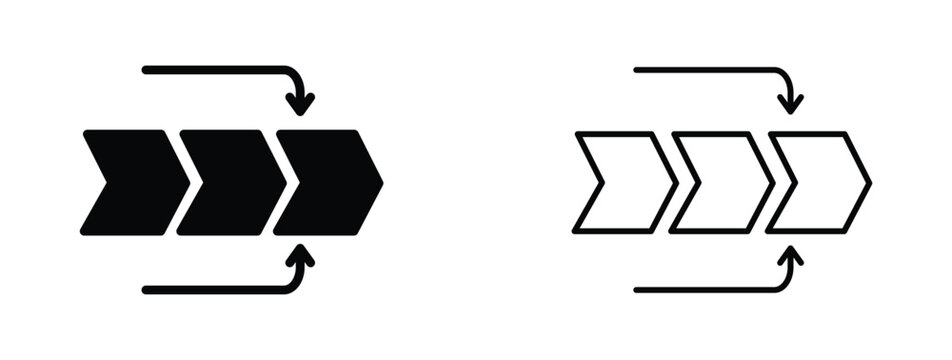 Minimalist chevron arrow icons, black solid and outline process flow symbols, geometric directional pointers for navigation and progress tracking