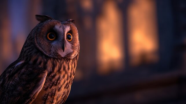 A captivating close-up of an owl, showcasing its intricate feathers and expressive eyes at twilight