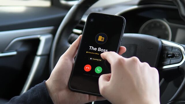 Receiving an incoming call from The Boss on a smartphone. The screen displays a yellow building icon and an Executive Office label. Perfect for corporate visuals, priority communication, and business