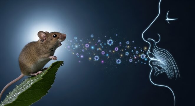 Scientific illustration of mouse brain data transfer to human nose