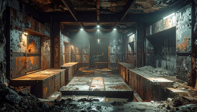 Gritty industrial interior with thick steel bulkheads and rusted metal walls, illuminated by spotlights