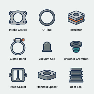 Collection of Automotive Gaskets and Seals Icons.