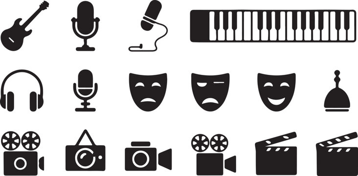 Graphic performing arts and media icon set featuring musical instruments, audio equipment, theater masks, and film production elements for creative design