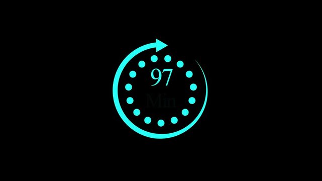 White color circle arrow refresh icon and 97 min timer icon.minutes stopwatch icon. Stopwatch icon in flat style.