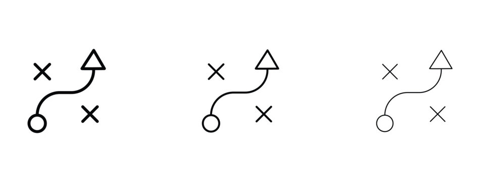 Minimalist strategy icons with curved arrows and x marks, tactical planning vector set, business game plan symbols for corporate presentations