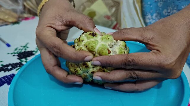 Closeup view of peeling custard apple revealing soft pulp and seeds inside at house
