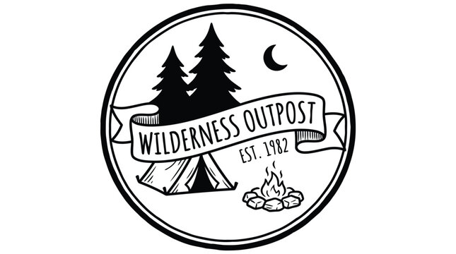 A black and white circular logo for Wilderness Outpost, established in 1982, featuring a tent, campfire, pine trees, and a crescent moon.