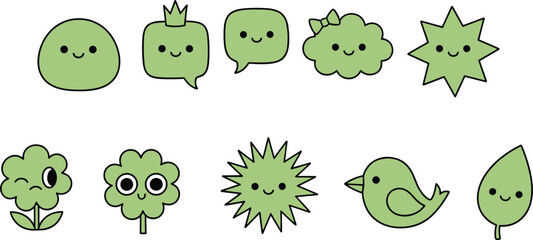 Obraz premium Cute green character illustration collection featuring blobs, speech bubbles, clouds, stars, flowers, clovers, birds, and leaves