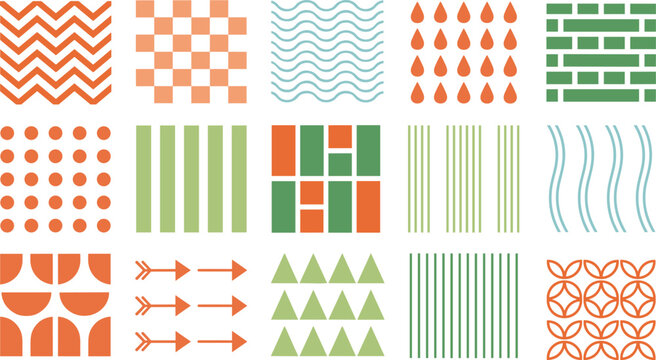 Geometric pattern illustration collection featuring zigzags, checkerboards, stripes, dots, waves, triangles, arrows, and abstract colorful design