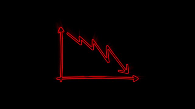 Red neon decrease graph symbol glowing on a black background.