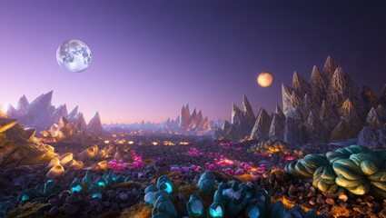 Obraz premium Alien Landscape with Crystalline Formations and Dual Moons