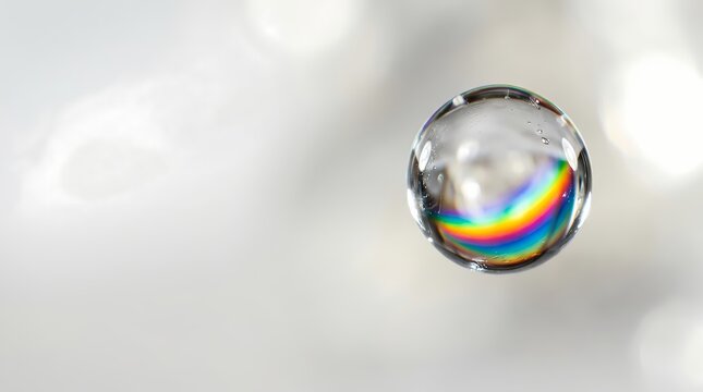 Macro view of a single clear sphere containing refracted rainbow colors reflecting light on a bright and diffused surface creating a prismatic visual effect