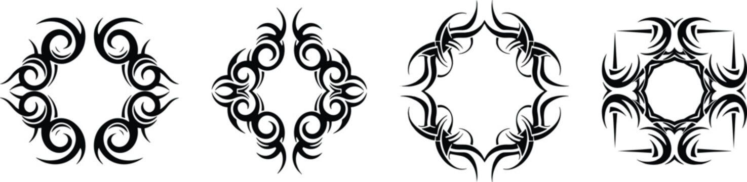 Tribal circular design illustration collection featuring symmetrical rings, flame motifs, angular curves, ornamental patterns, and tattoo art