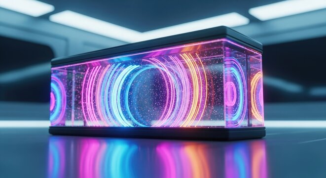 Neon light box with colorful swirling patterns on dark background