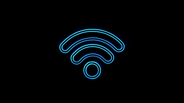 Blue neon wifi symbol glowing on a black background.